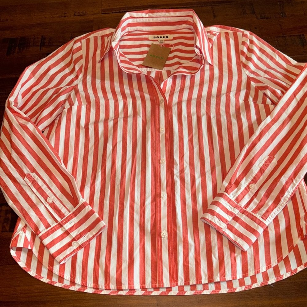Boden Red and White Striped Button Down Shirt